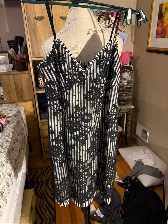 Muse Dresses & Skirts - Black & White Striped Lace-Overlay Slip Dress - 2